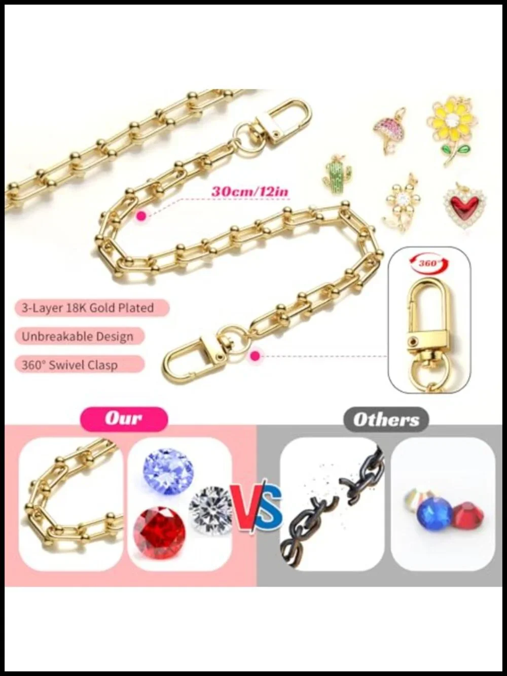 18K Gold Plated Heart Bag Charms with Zirconia Pendants